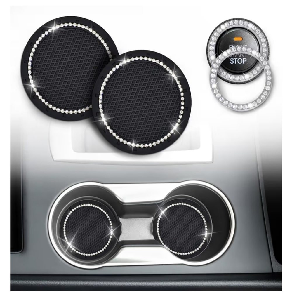 Black Rhinestone Car Coasters & Push Button Ring